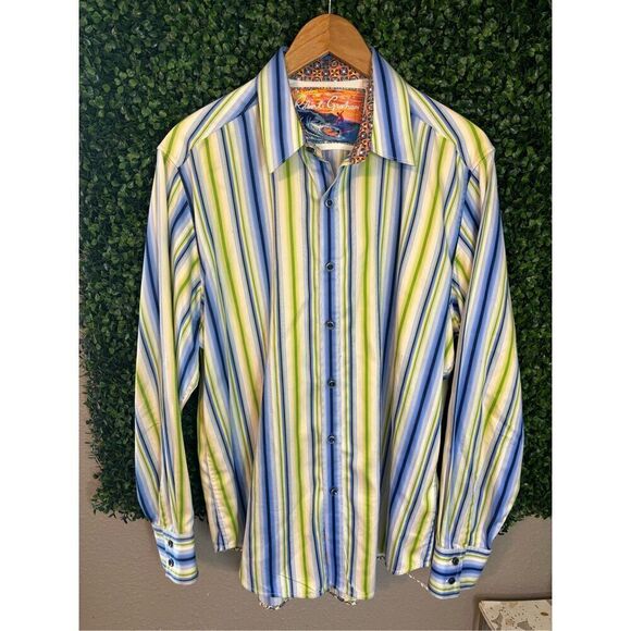 Robert Graham Blue and Green Striped Button Down Long Sleeve Sz Large - Picture 1 of 7